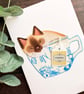 Siamese cat, handmade cat card, card for cat lover, cat in a cup