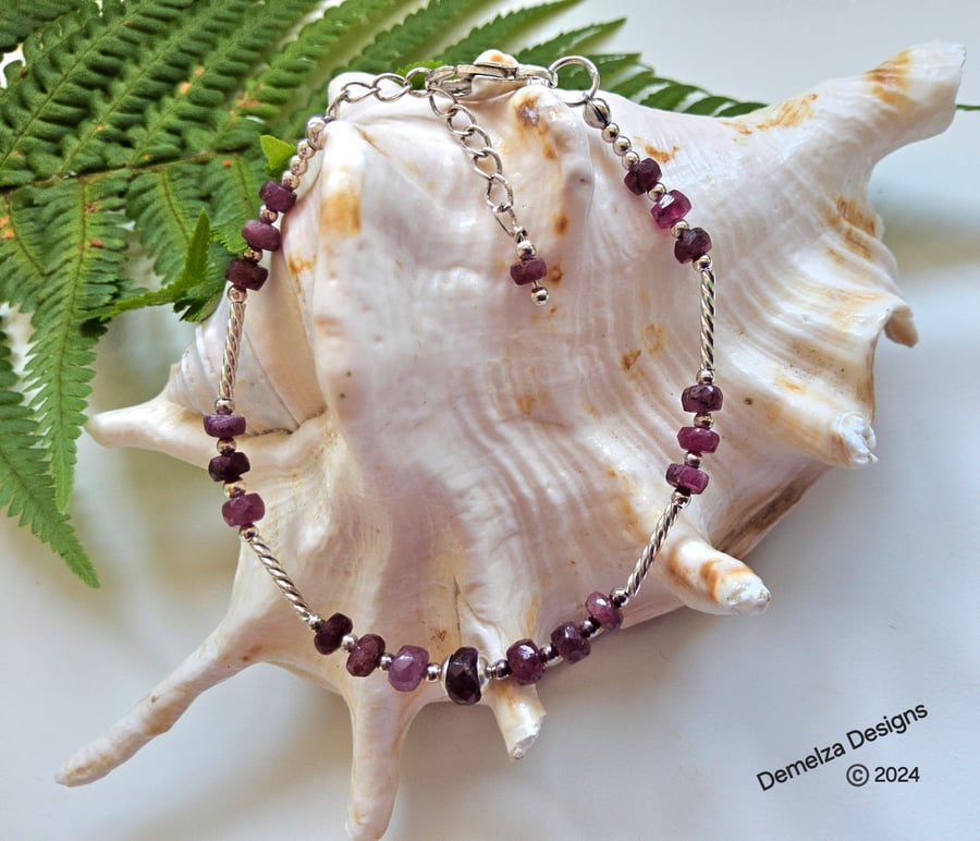 Designer Natural African Ruby Noodle Sterling Silver Bracelet 