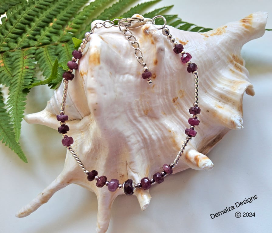 Designer Natural African Ruby Noodle Sterling Silver Bracelet 