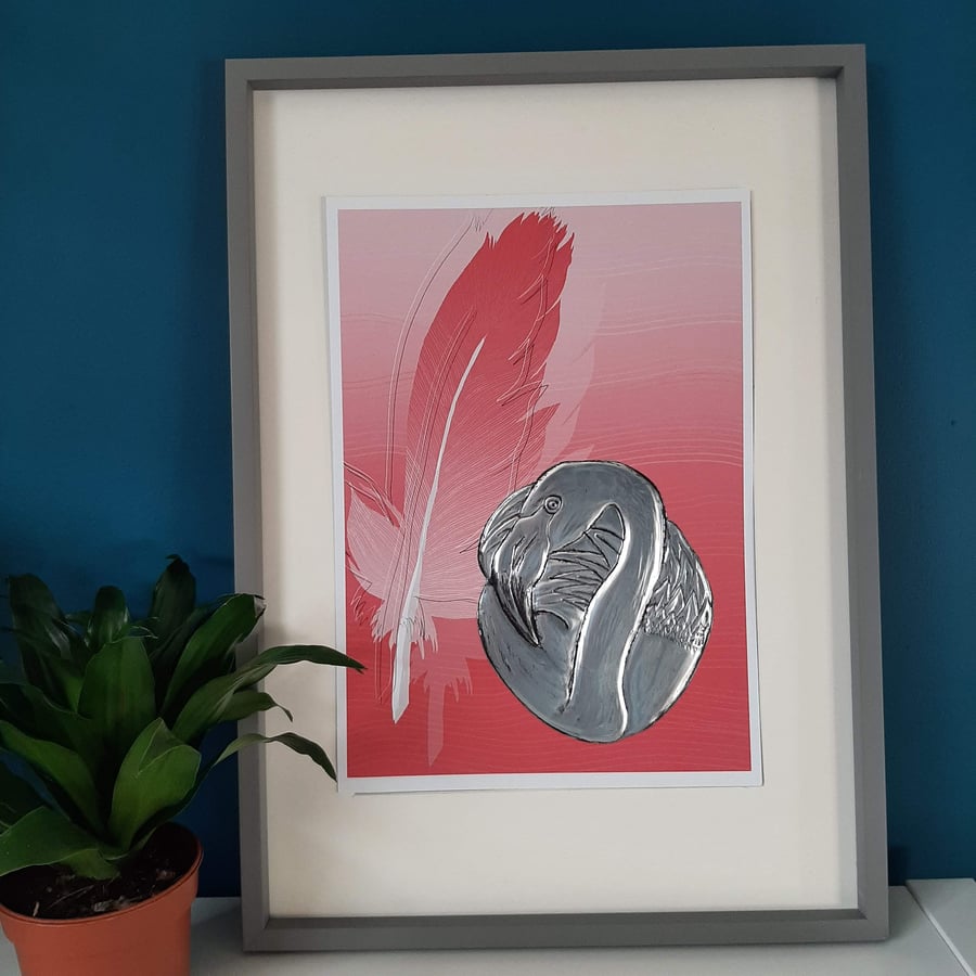 Flamingo Metal Embossed A4 Print