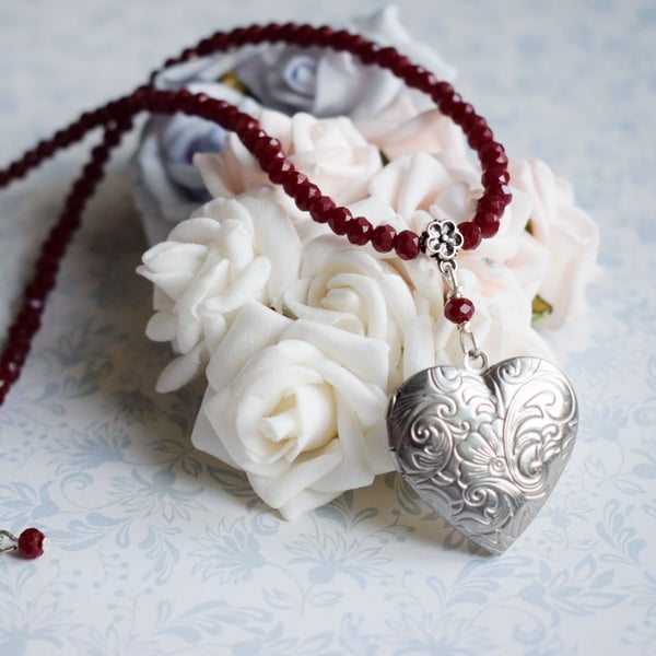 Love Heart Locket Necklace with Red Glass Beaded Chain