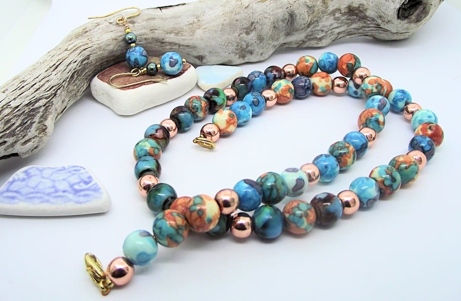 Blue necklace orange jasper gemstone bead set