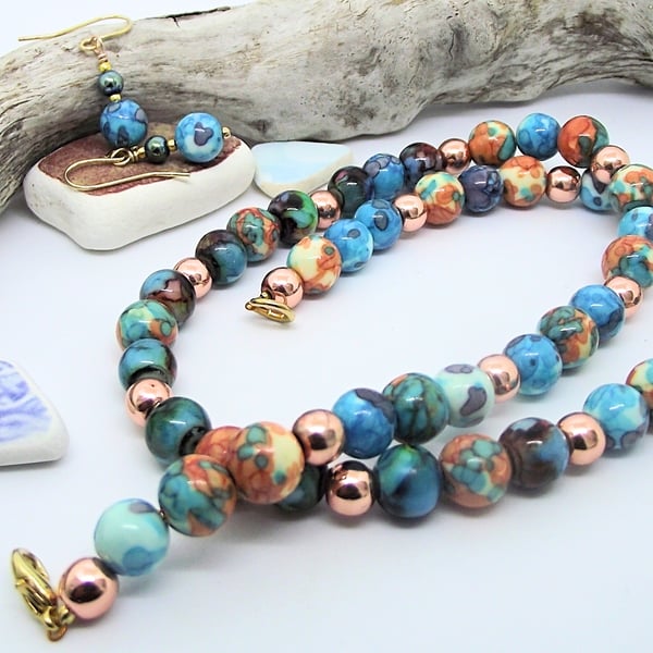 Blue necklace orange jasper gemstone bead set