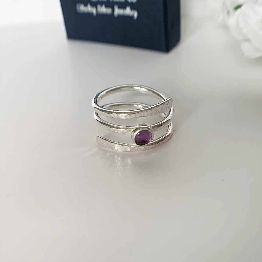 Eco Sterling Silver Wrap Ring with Amethyst Cabochon