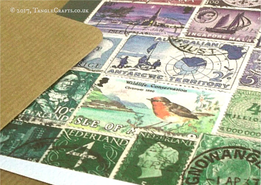 Robin Christmas Card, Postage Stamp Design - Blank Inside A6 Winter Notecard