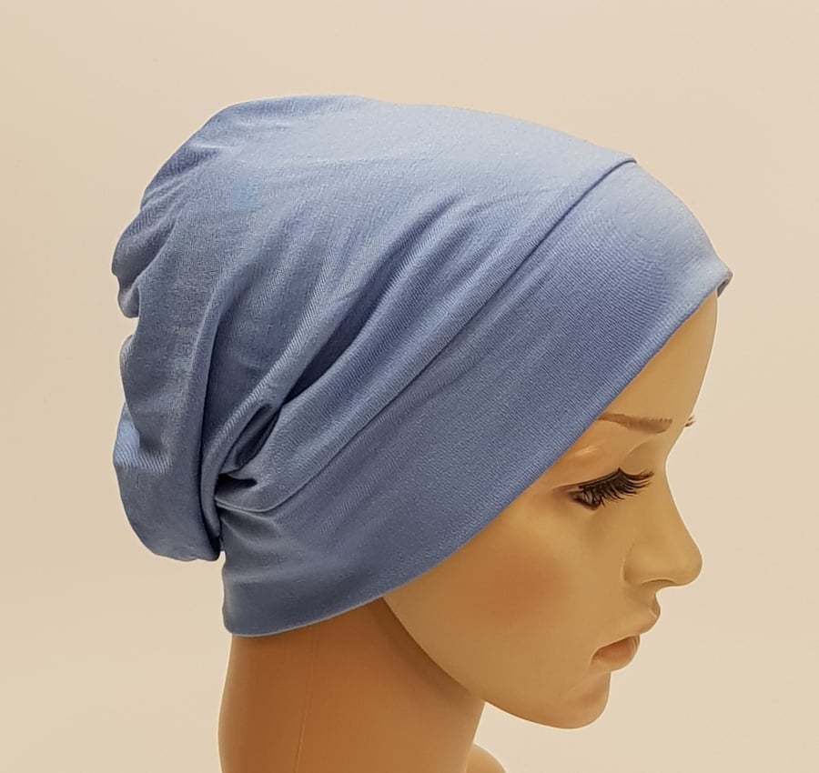 Blue chemo hat alopecia hair loss stretchy beanie surgical scrub cap
