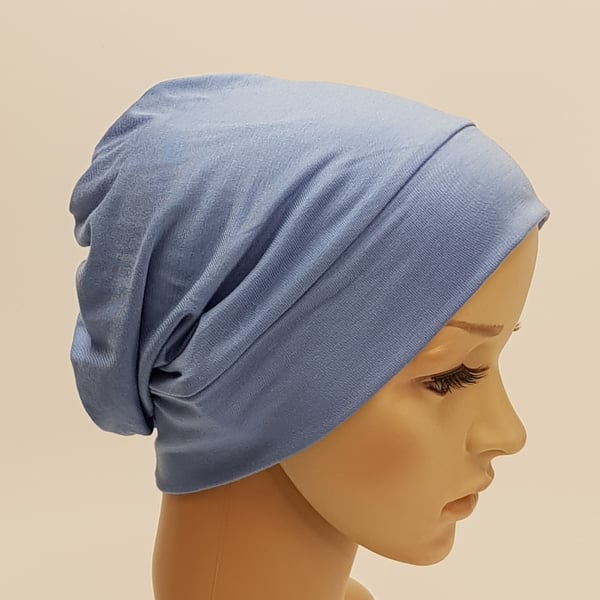 Blue chemo hat alopecia hair loss stretchy beanie surgical scrub cap