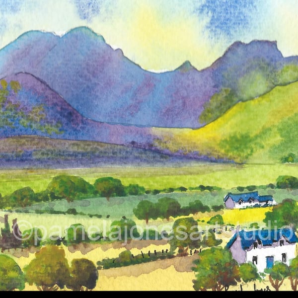 Moody Mountain, Isle Of Skye, Highlands, Watercolour Print in 9 x 7 '' Mount