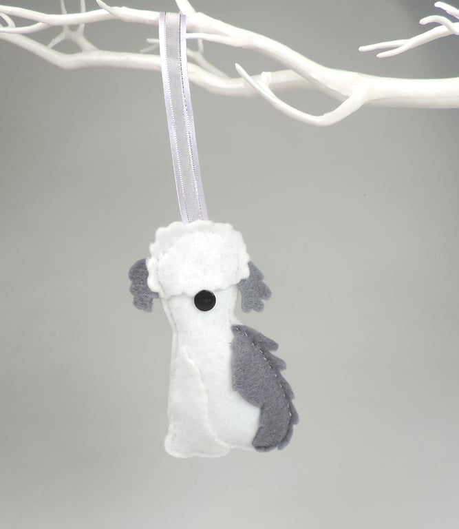 Handmade Felt Old English SheepDog, Hanging Decoration, Twig Tree, OES