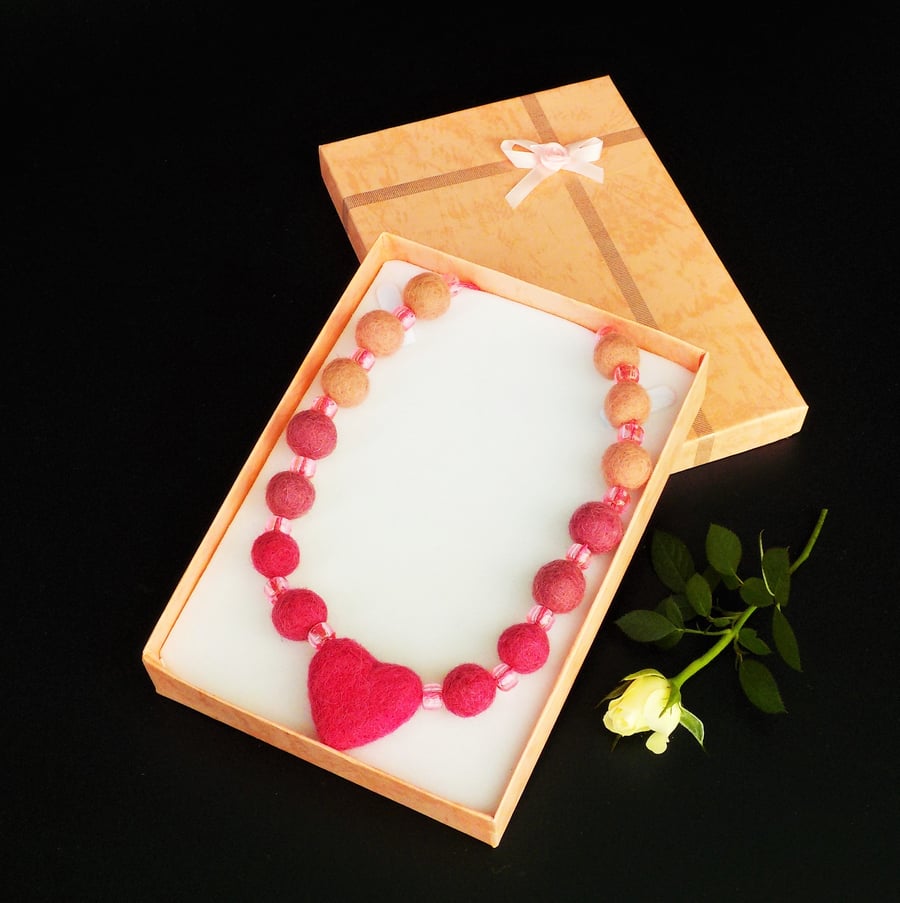 Pink heart handmade felt necklace felted beads in gift box