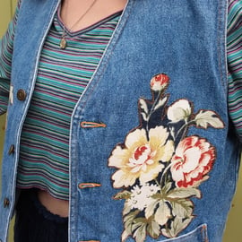 Upcycled denim waistcoat with flowers
