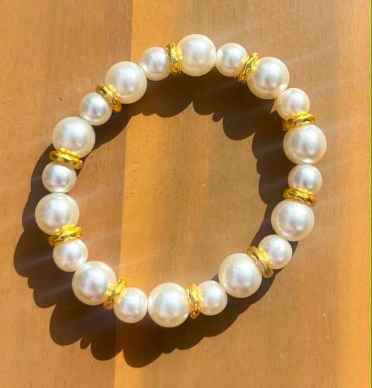 Handmade Pearl-Look Beaded Bracelet with Gold-Tone Spacers