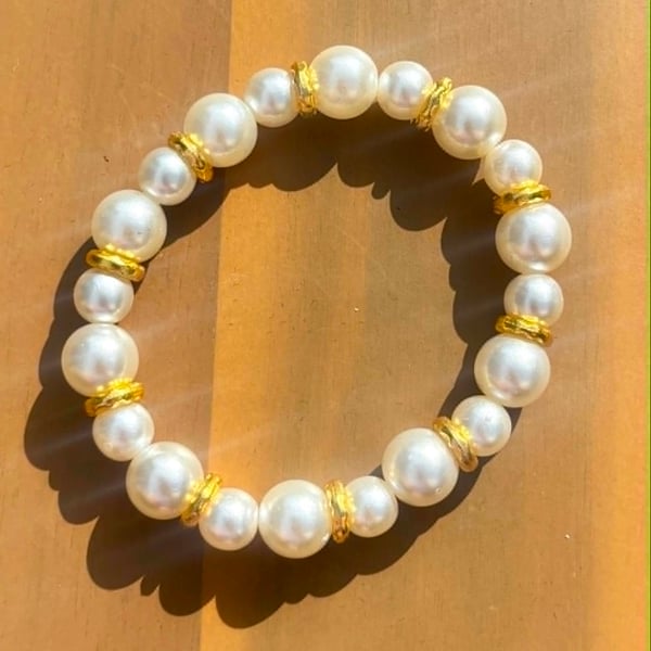 Handmade Pearl-Look Beaded Bracelet with Gold-Tone Spacers