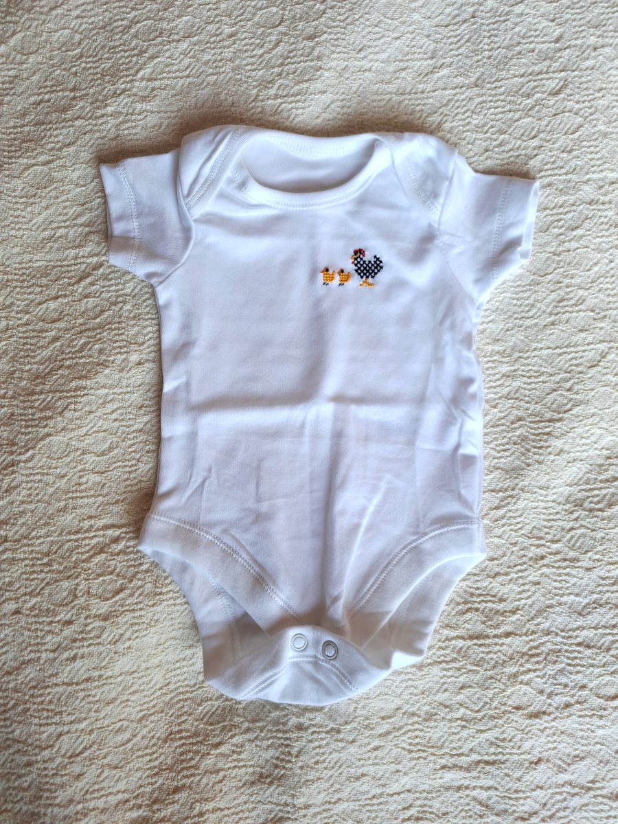 Hen and Chicks, Baby Vest, age 0-3 months, hand embroidered