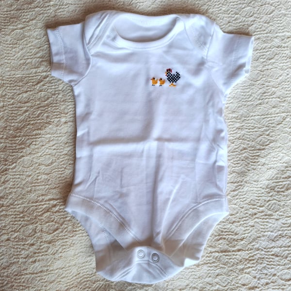 Hen and Chicks, Baby Vest, age 0-3 months, hand embroidered