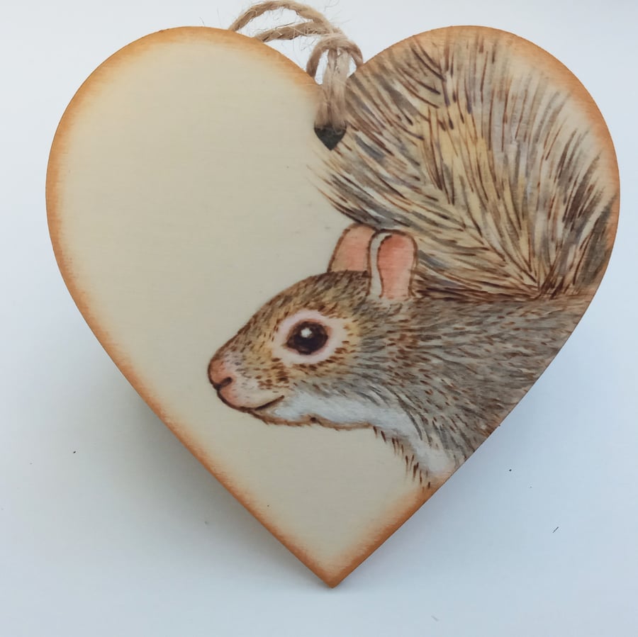 Grey squirrel hanging heart ornament 