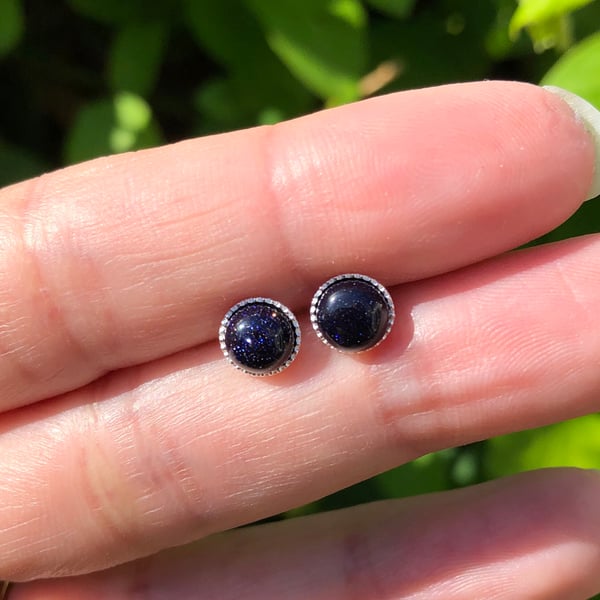 Blue Goldstone Sterling Silver Stud Earrings