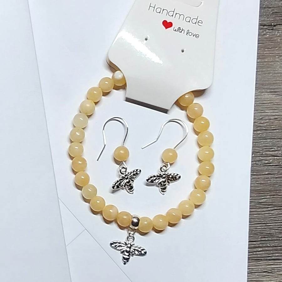 Handmade Bee Jewellery Gift Set Honey Jade Bee Charm Earrings and Bee Bracelet 