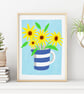 Sunflowers in a Cornishware Jug Art Print, Risograph Style Print - Image 2