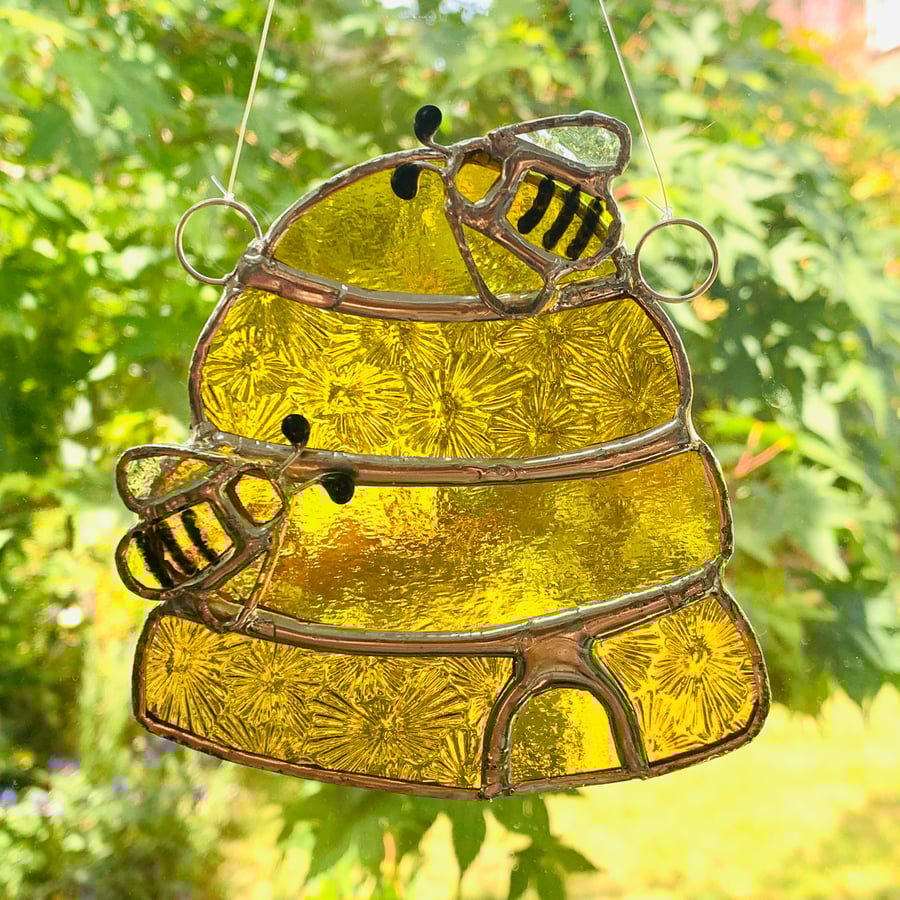 Stained Glass Beehive Suncatcher - Handmade Hanging Window 