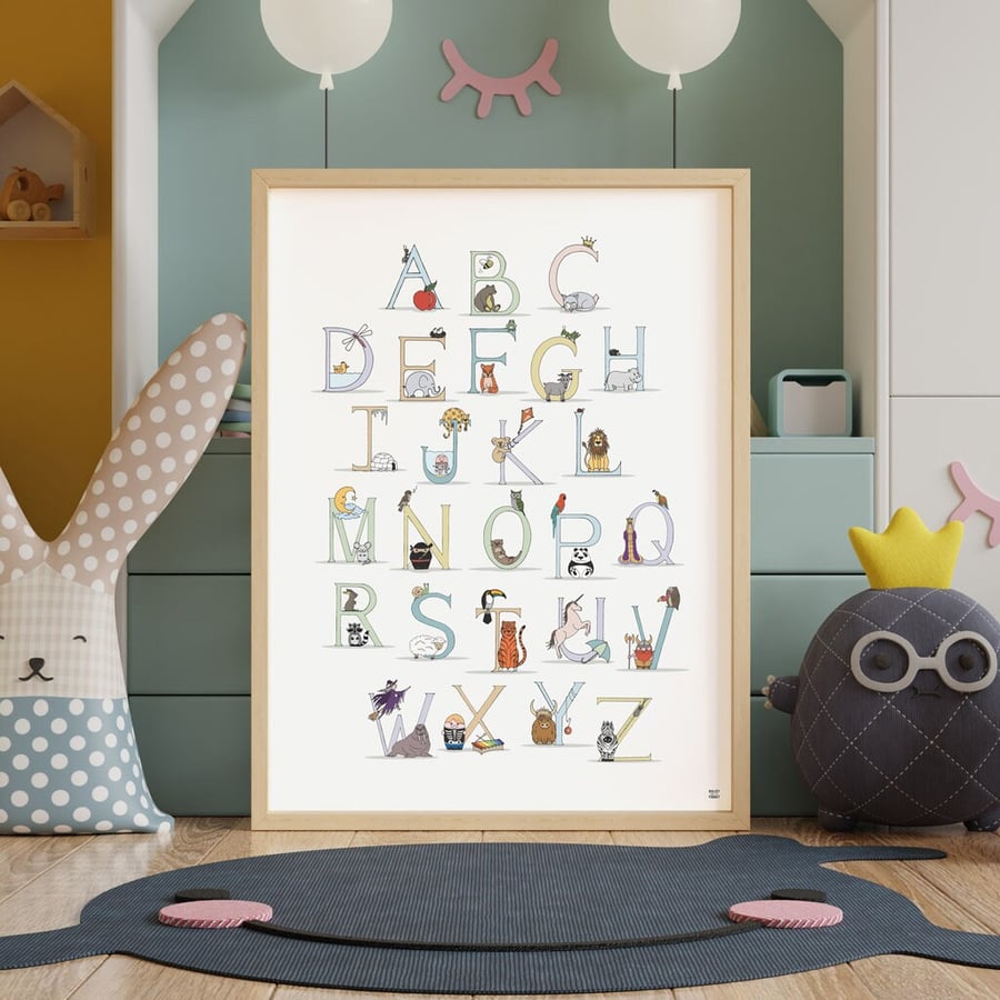 Alphabet Nursery Art Print, ABC Wall Art, ENGLISH Alphabet, Animal Alphabet
