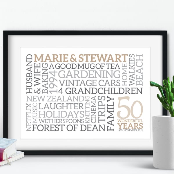 Personalised Golden Anniversary Word Art - 50 years - AN503