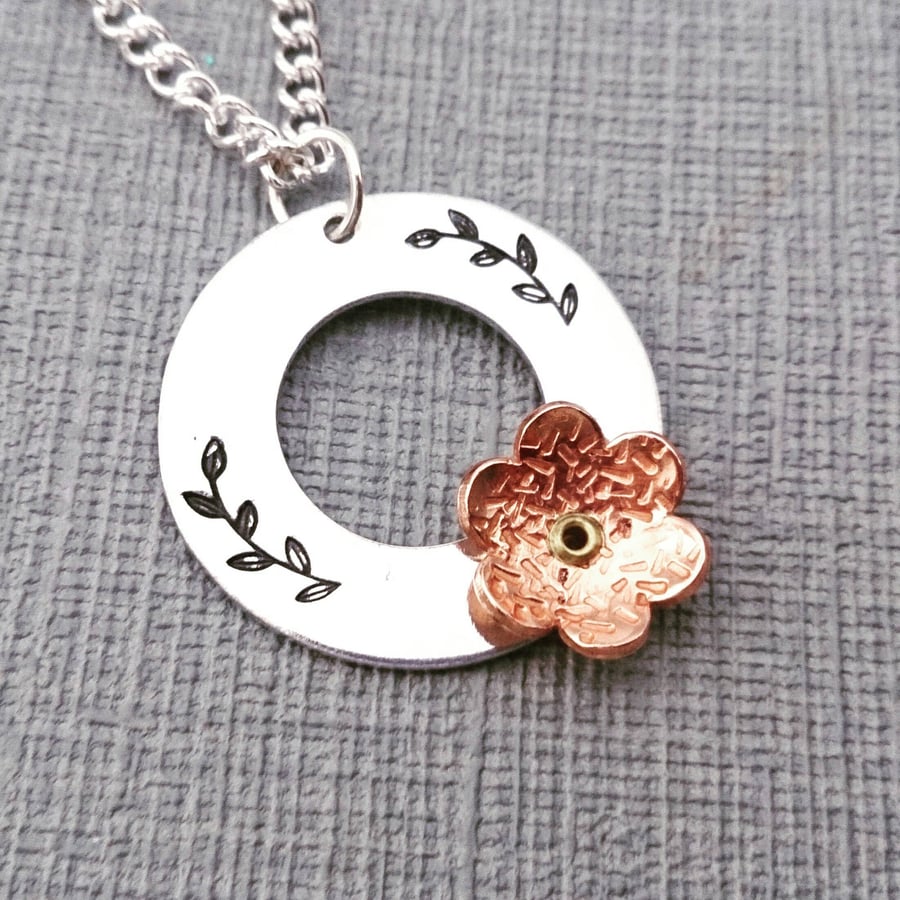 Floral Washer Pendant, Hand Stamped