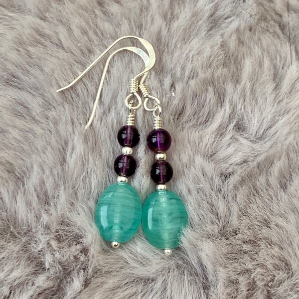 Turquoise & Purple bead earrings. Sterling Silver. 