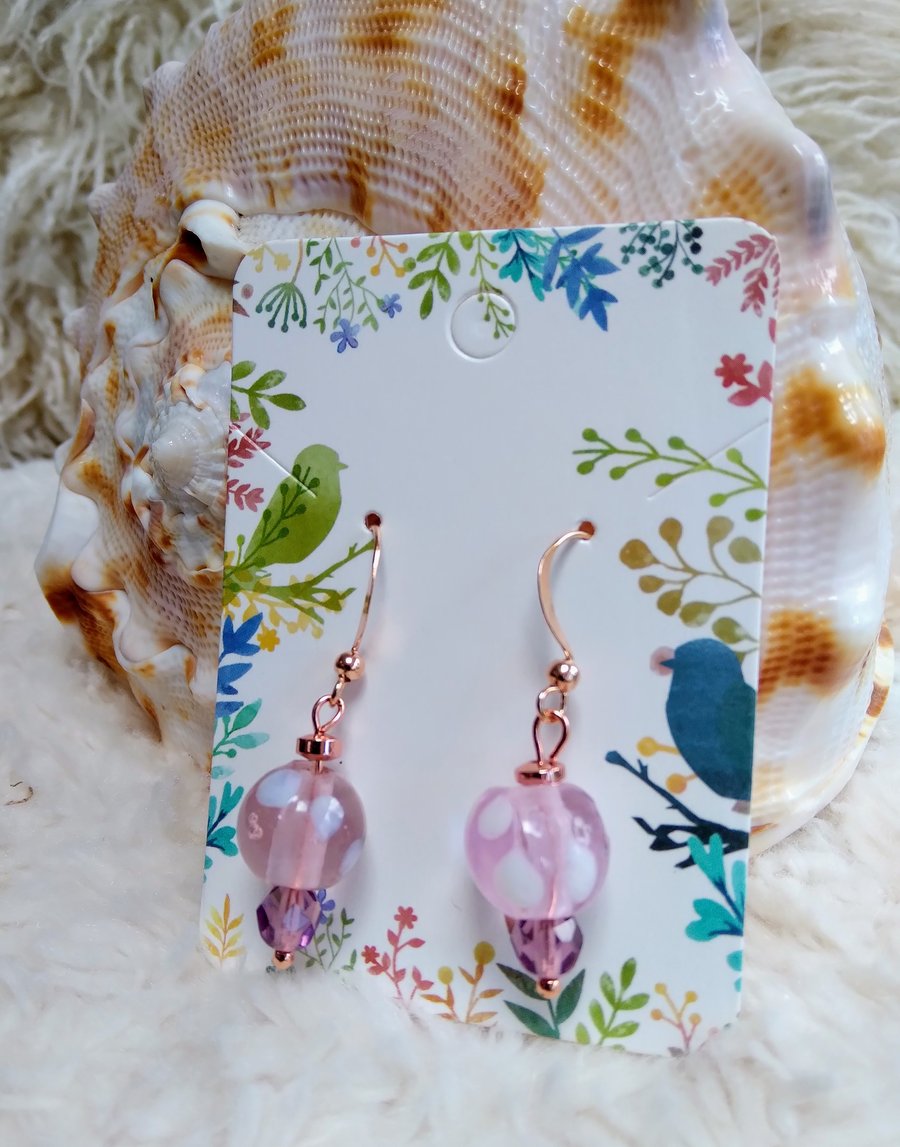 Pink with white dots LAMPWORK beaded rose-gold EARRINGS