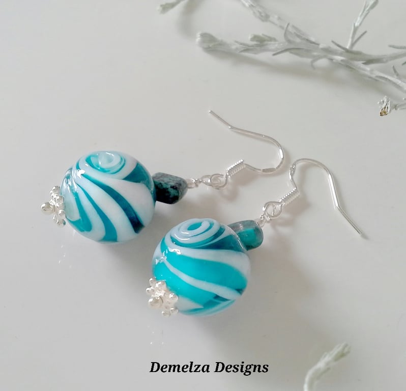 Natural Turquoise & Hand Blowen Murano Glass Beads Sterling Silver Earrings