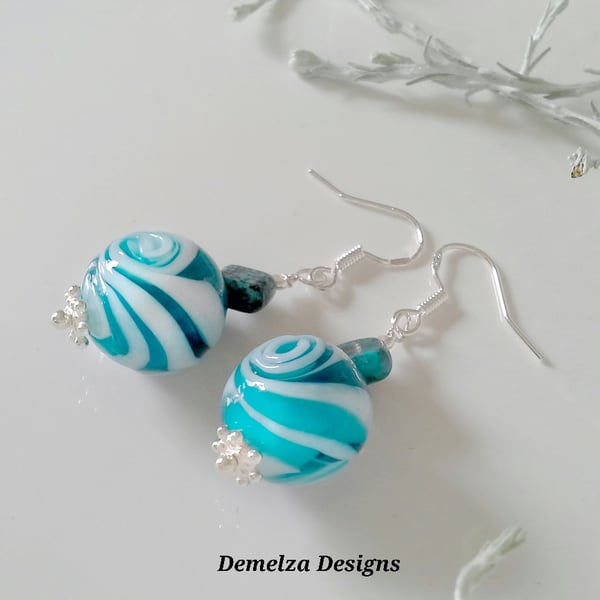 Turquoise (Stab) & Hand Blowen Glass Beads Sterling Silver Earrings
