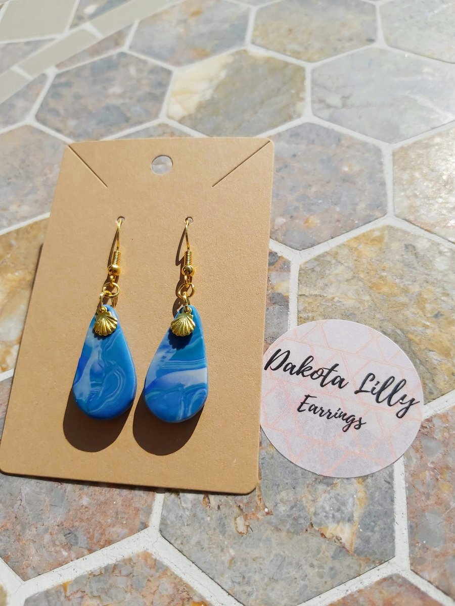 Blue and White drop polymer clay earrings