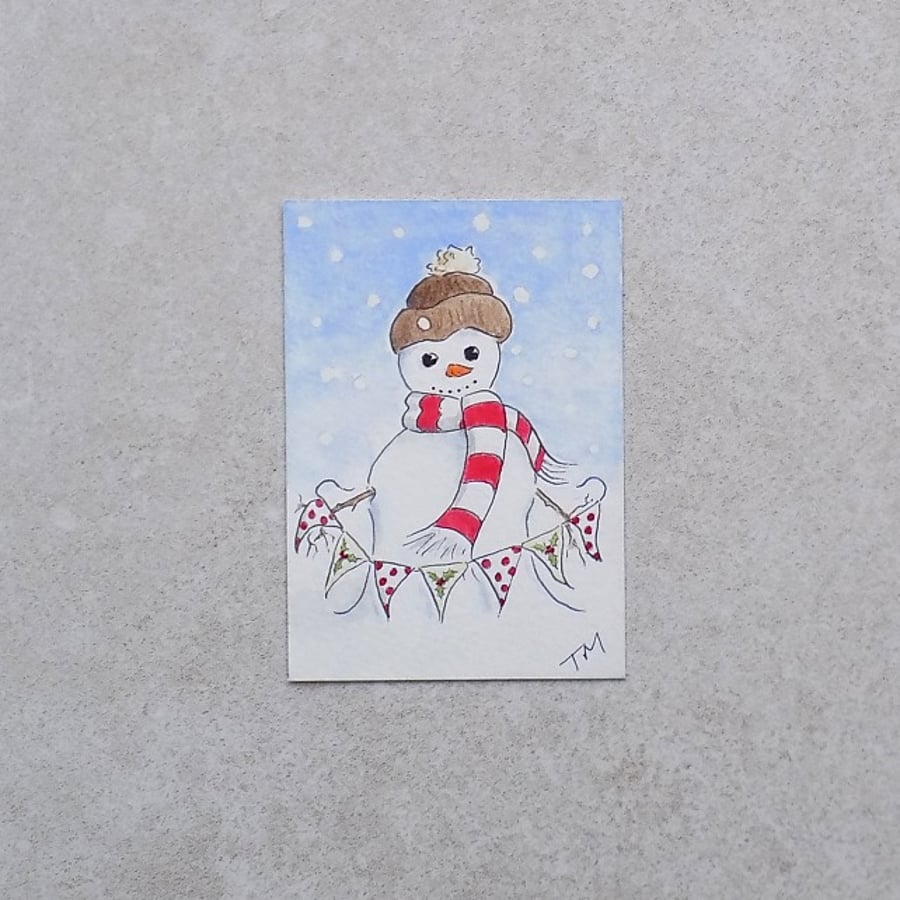 Original Watercolour ACEO 'Bunting Snowman'