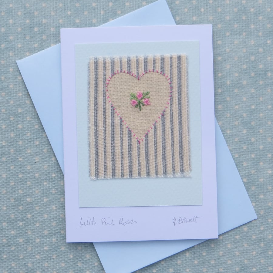 Little Pink Roses hand-stitched miniature textile, detailed, card to keep