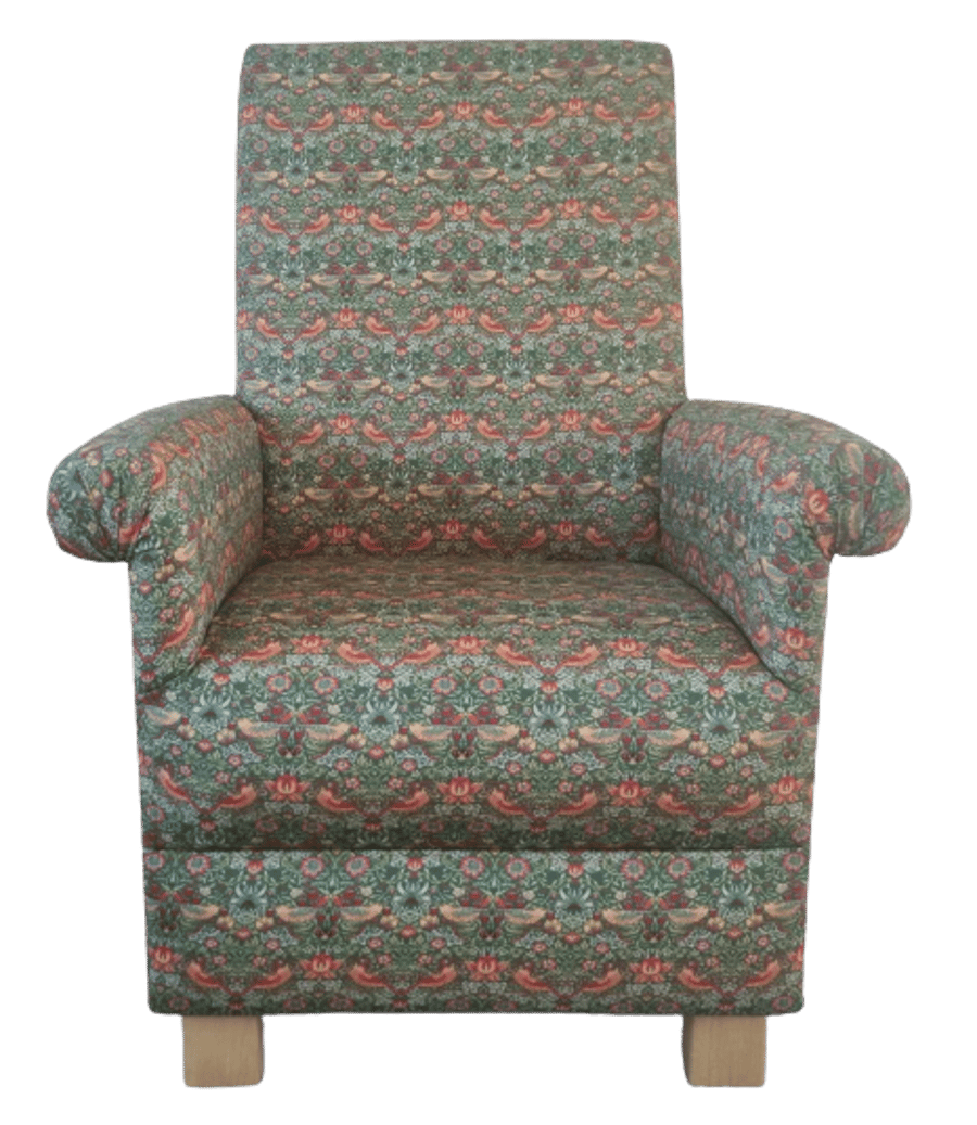 William Morris Strawberry Thief Fabric Armchair Accent Adult Chair Sage Green