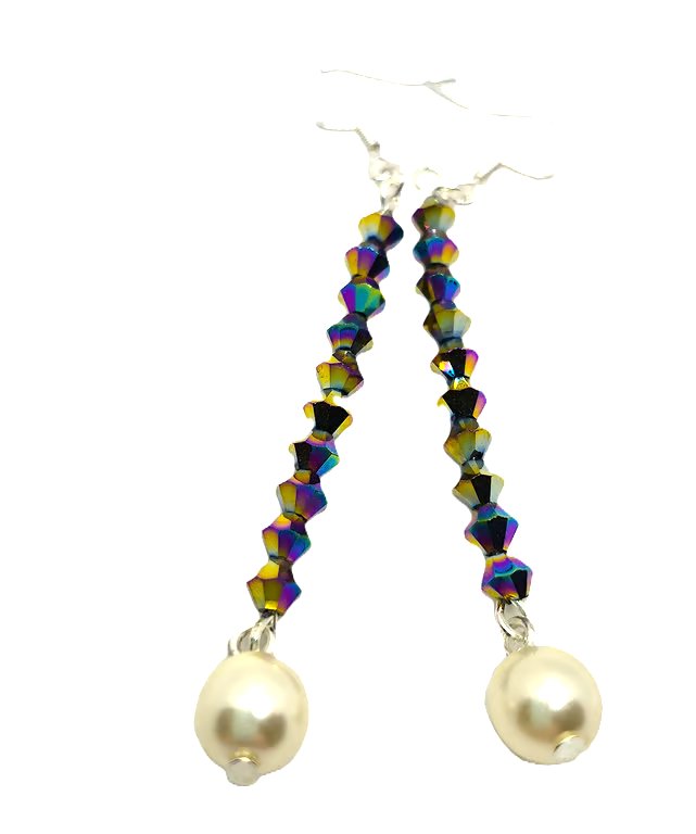 Swarovski crystal and freshwater pearl long dangle earrings