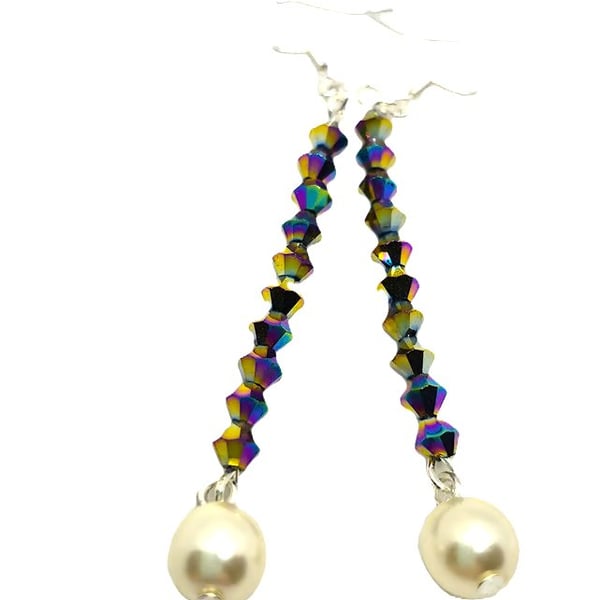 Swarovski crystal and freshwater pearl long dangle earrings