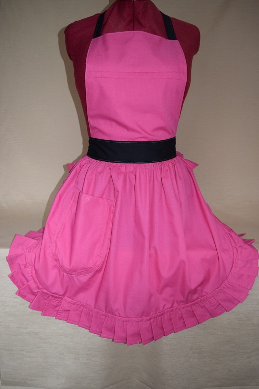 Vintage 50s Style Full Apron Pinny - Pink with Black Ties