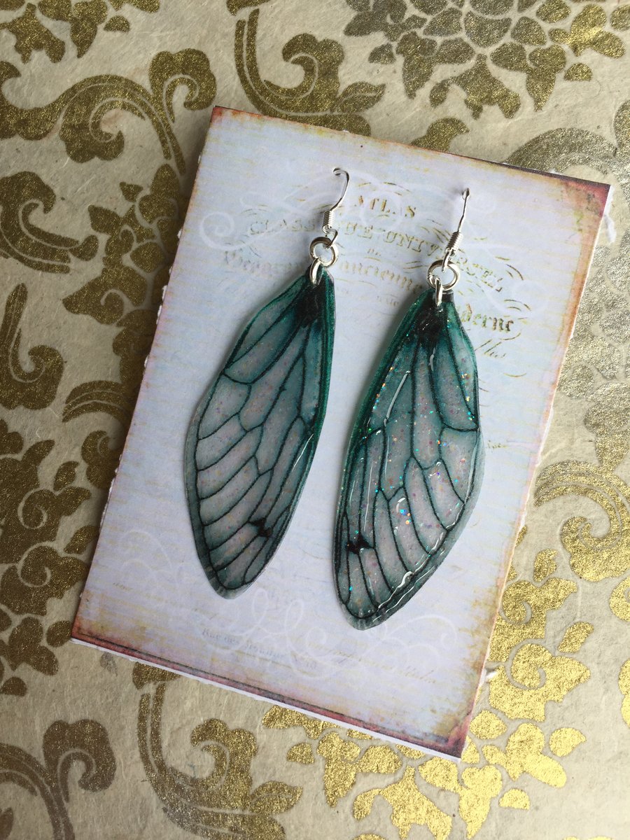 Large Dark Green Glittery Fairy Wing Sterling Silver Earrings