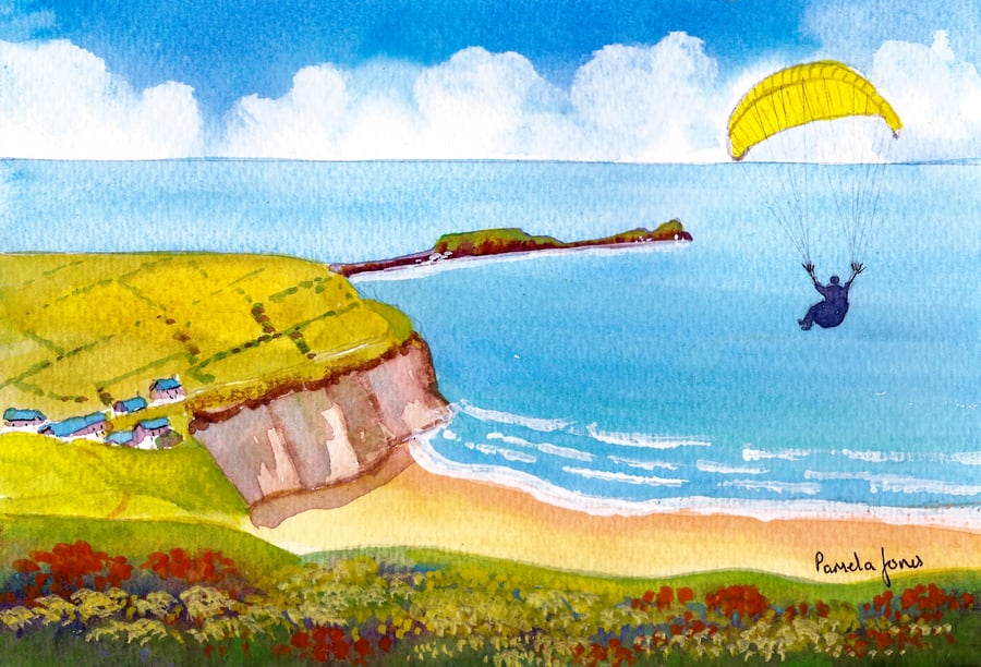 Paraglider, Rhossili Bay, Gower, Original Watercolour, in 14 x 16'' Mount