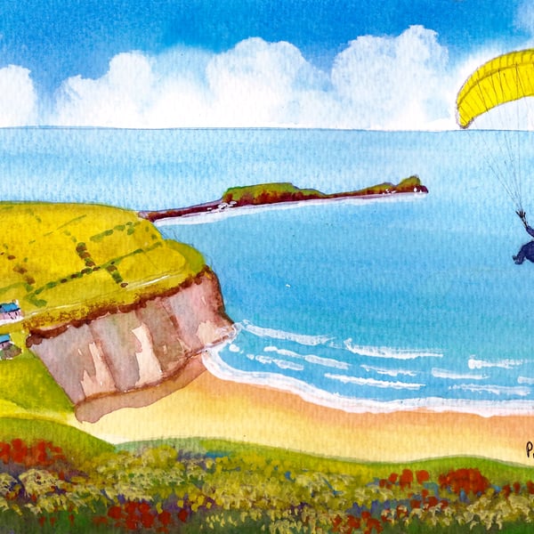 Paraglider, Rhossili Bay, Gower, Original Watercolour, in 14 x 16'' Mount