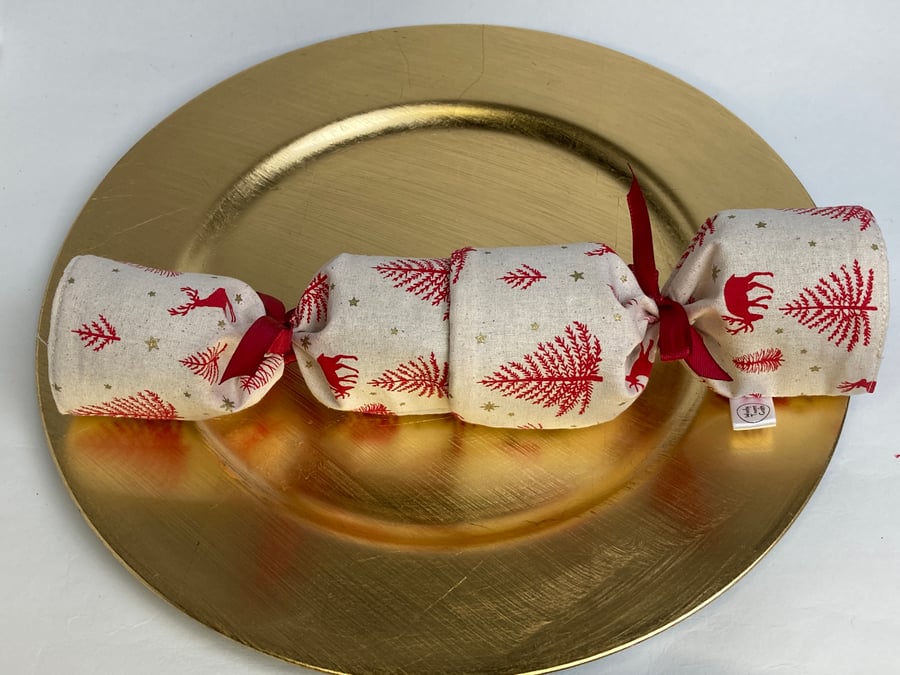 Pick and mix reusable Christmas Crackers. Linen-look with red trees and deer