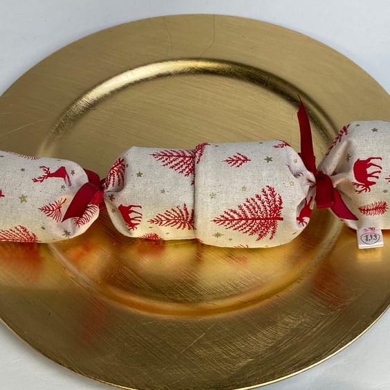 Pick and mix reusable Christmas Crackers. Linen-look with red trees and deer