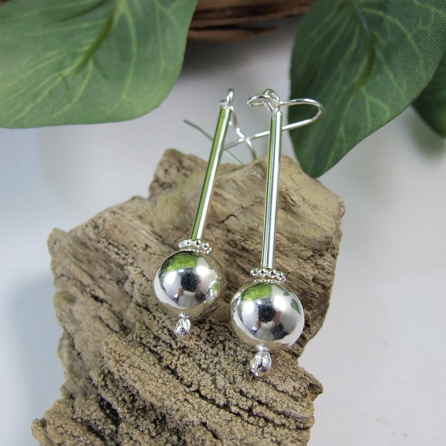 Earrings, Sterling Silver 10mm Silver Sphere and Stick Droppers