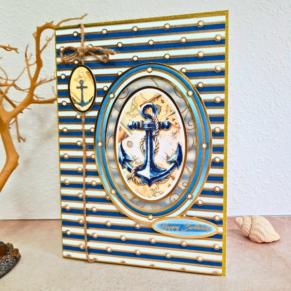 Nautical Themed Birthday Card With An Anchor, Blank Birthday Card For Him