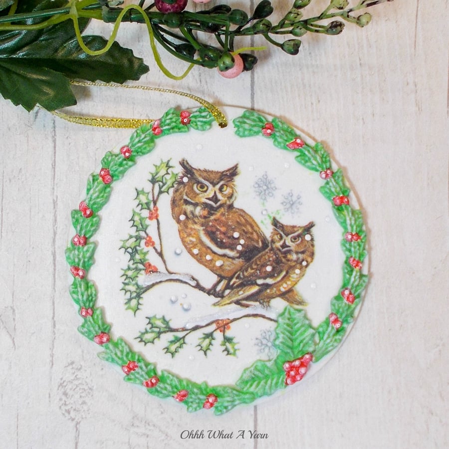 Owl mixed media hanging decoration. Owl ornament. Owl decoration.