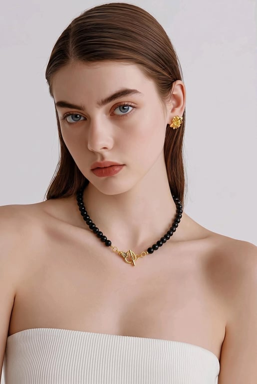 Black Onyx Gemstone Necklace Gold Heart Toggle Clasp, 16 Inch
