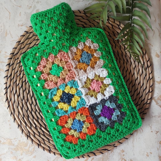 Crochet Hot Water Bottle Cover Granny Square Grass Green