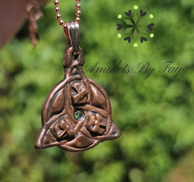 Copper Triquetra with Dragonflies and Tsavorite Garnet Gemstone Pendant Necklace