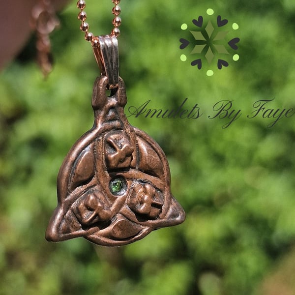 Copper Triquetra with Dragonflies and Tsavorite Garnet Gemstone Pendant Necklace